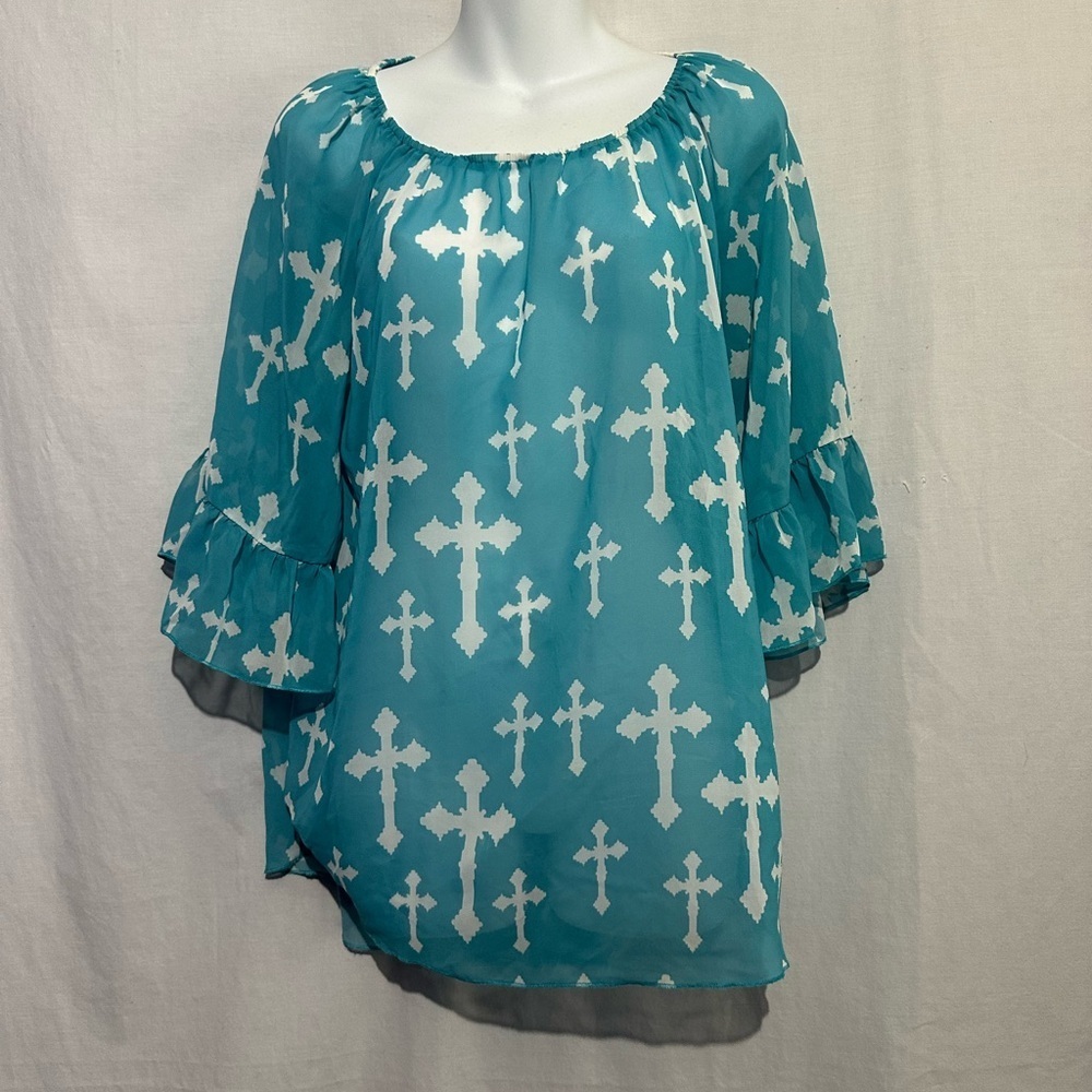 Cowgirl Hardware Teal Floral Cross Western Top Women’s Small